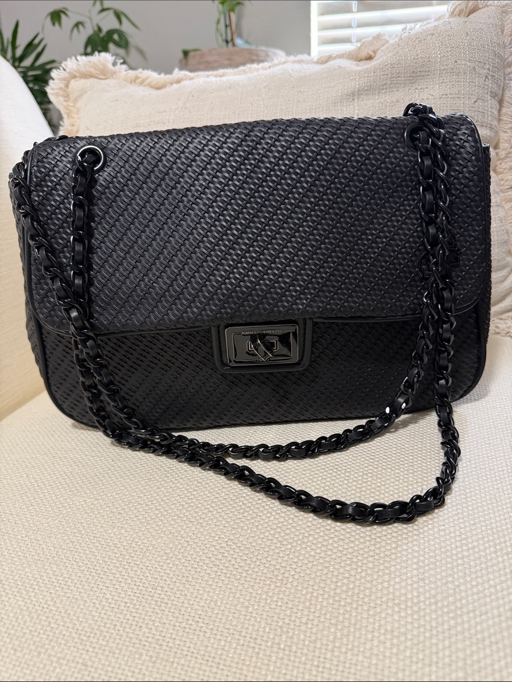 Karl Lagerfeld Black Woven Shoulder Bag with Chain Strap